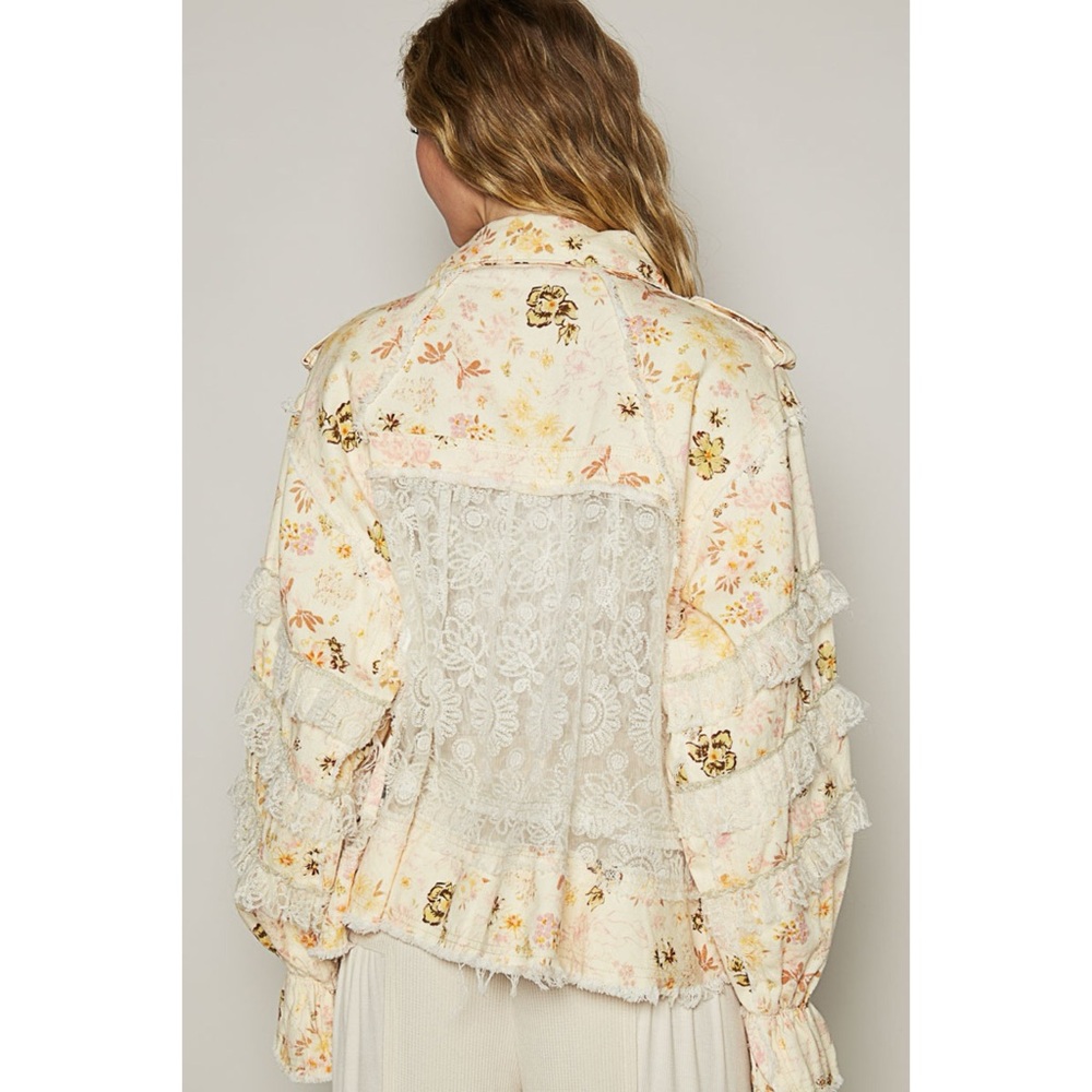 POL Cream Floral Twill and Lace Patchwork Jacket | Button Front - Picture 8 of 9